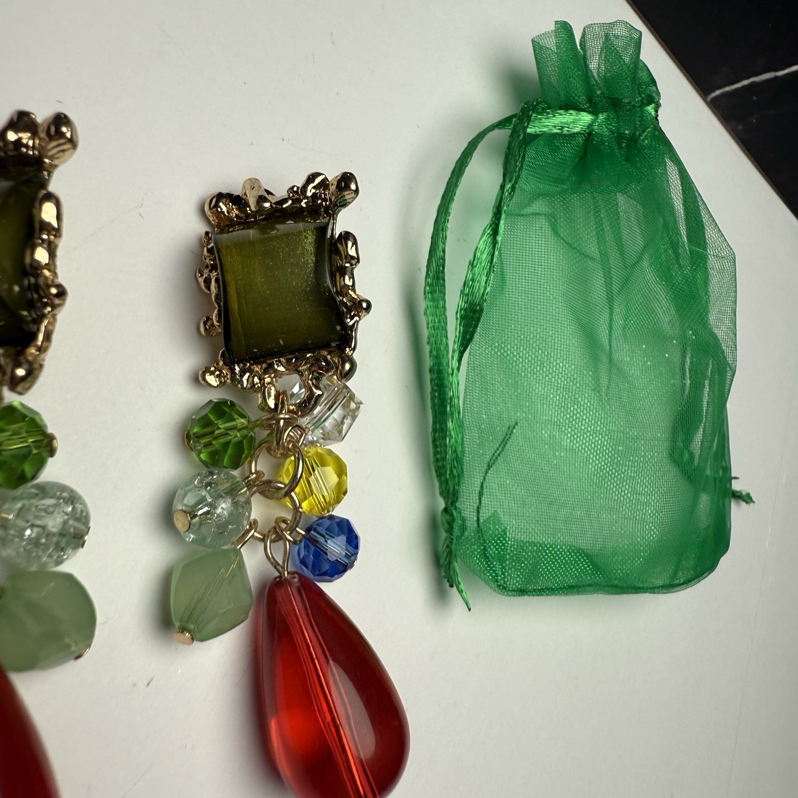 Beaded Dangle Drop Gold Tone Clip-on Earrings Red Green Blue Yellow Multi Color