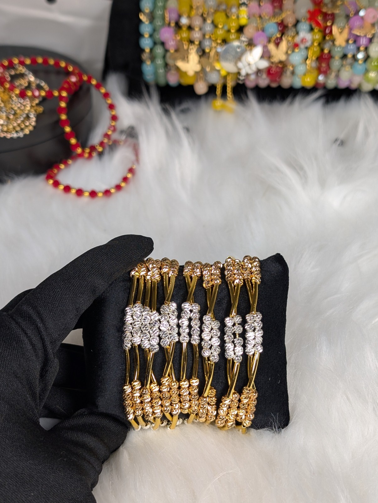 24K Gold Plated 2 In 1 Tri-Color Gold, Silver and Rose Gold Beaded Bracelets