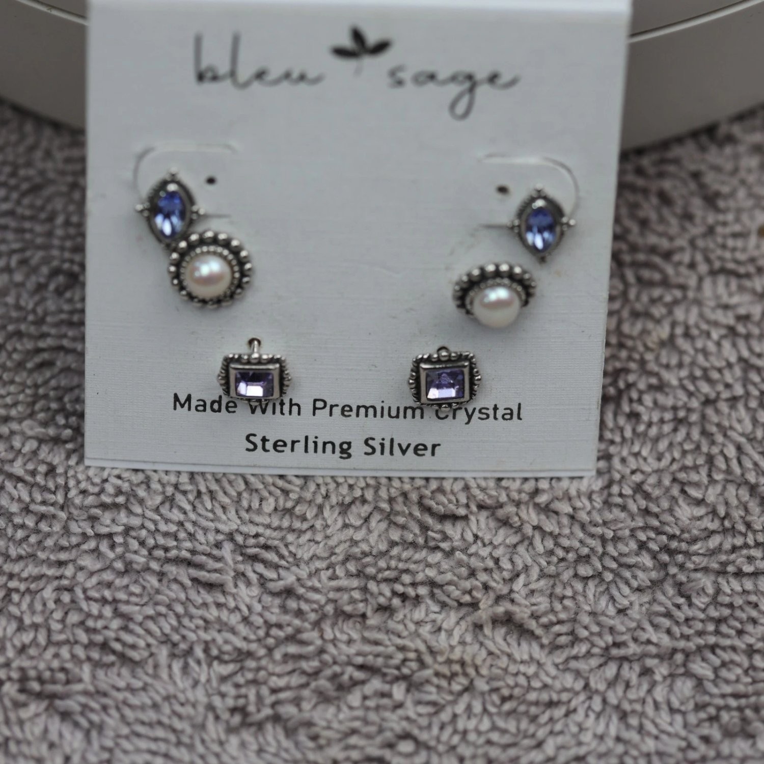 Bleu Sage Earrings 3 Pair Set Sterling Silver Crystal Faux Pearl Small Used