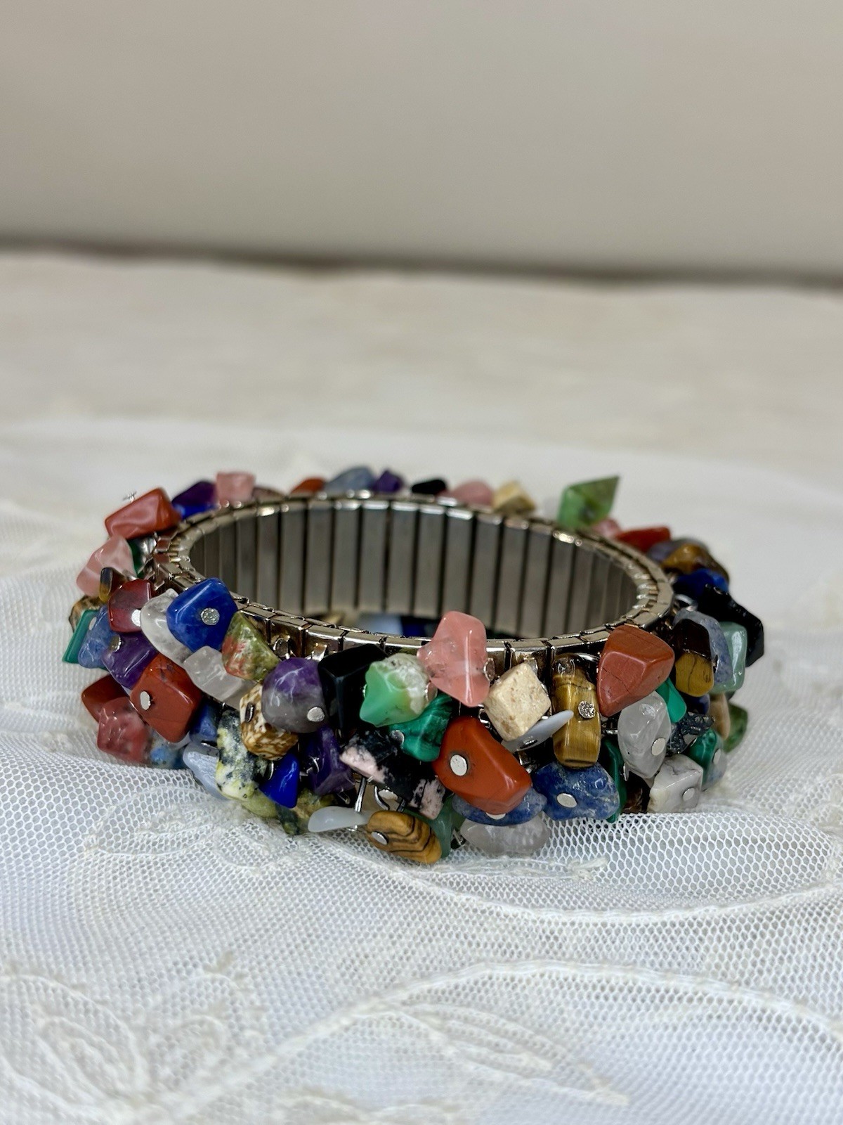 Handmade Multi Gemstone Stainless Steel Watchband Stretch Cluster Bracelet 126pc