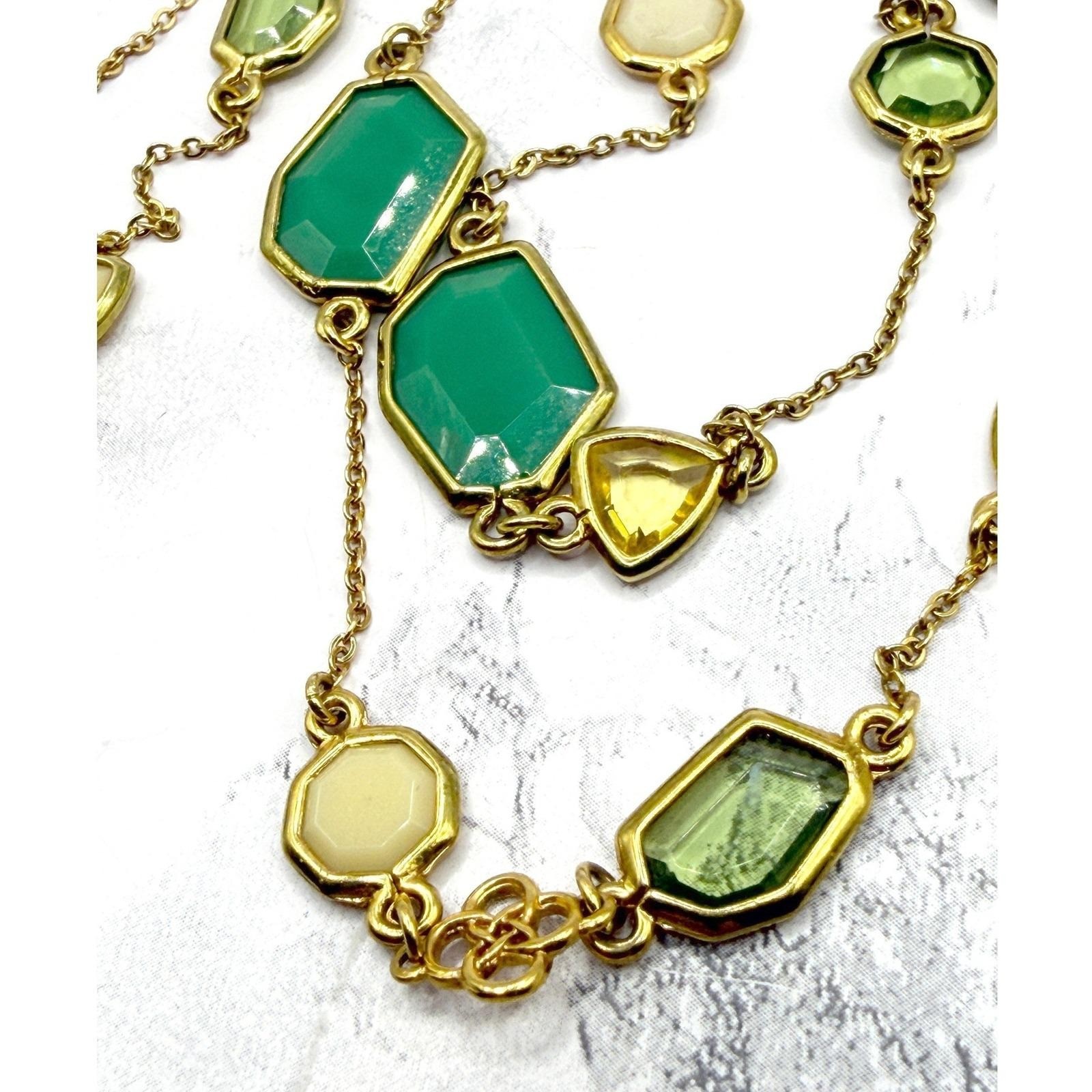 Long Green Stone Necklace Gold Chain 37″ Spring Statement Layering