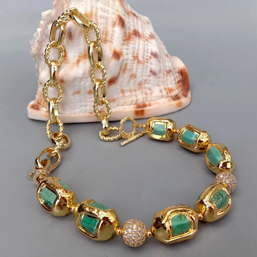 Turquoise Electroplated Edge Cz Pave Beads Gold Plated Chain Choker Necklace