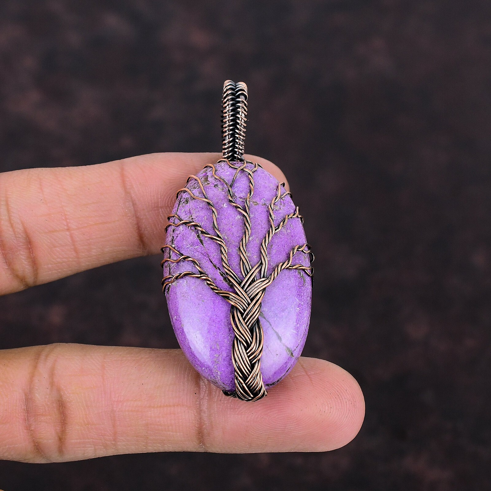 Valentines Sale Purpurite Gemstone Copper Boho Wire Wrapped Tree Of Life Pendant