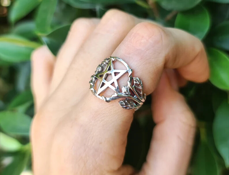 Pentagram Ring STERLING SILVER 925 Floral Pentacle Sacred Symbol 5 pointed star