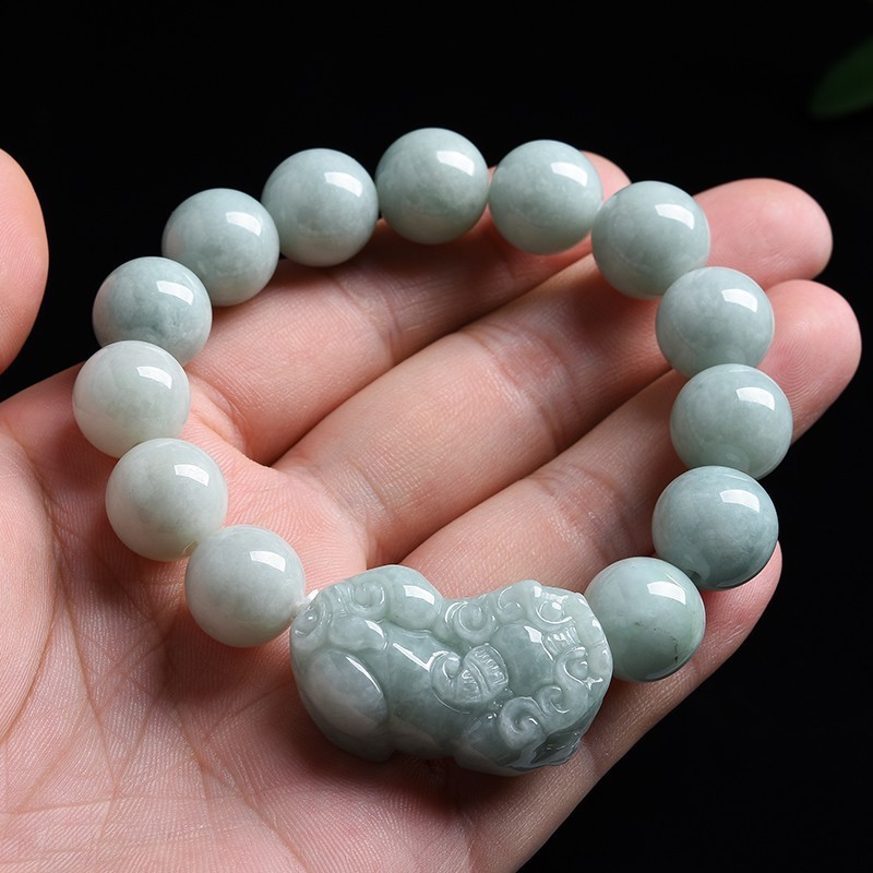Certified Natural Grade A Jade Jadeite Bead Rich Pixiu Strecth Bracelet 13mm