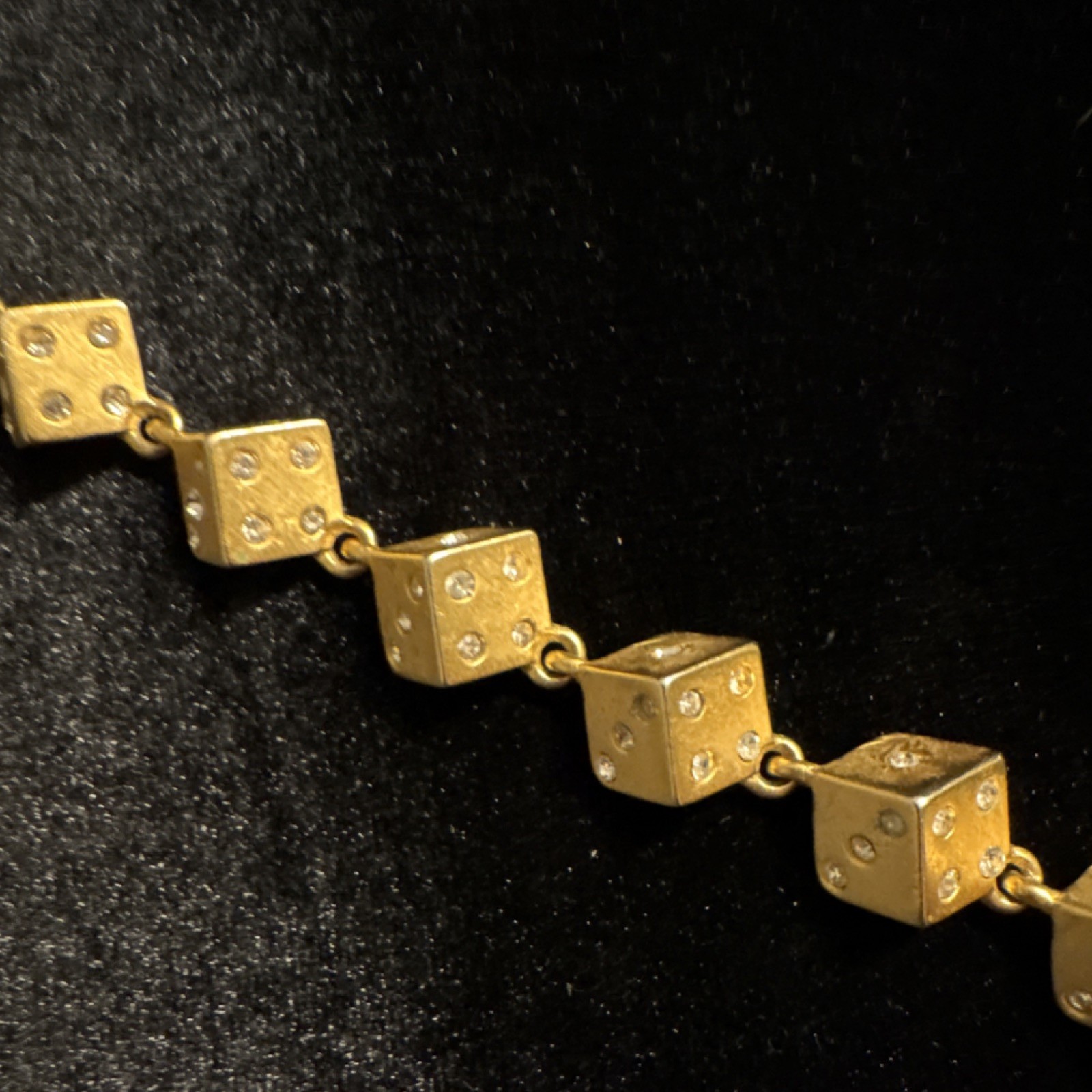 Gold Tone Dice Link Bracelet Clear Crystal Accents Snap Clasp 7.5 in
