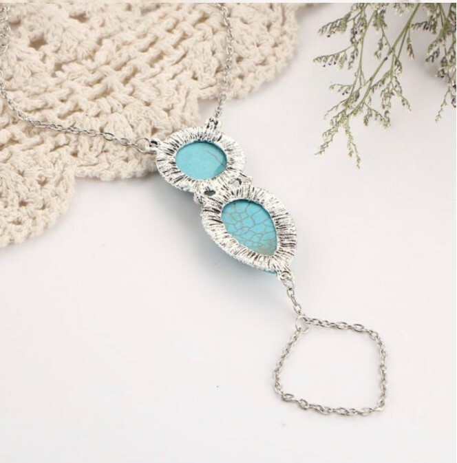 New Bohemian Beach Retro Ethnic Blue Green Stone Fingered Bracelets Hand Jewelry