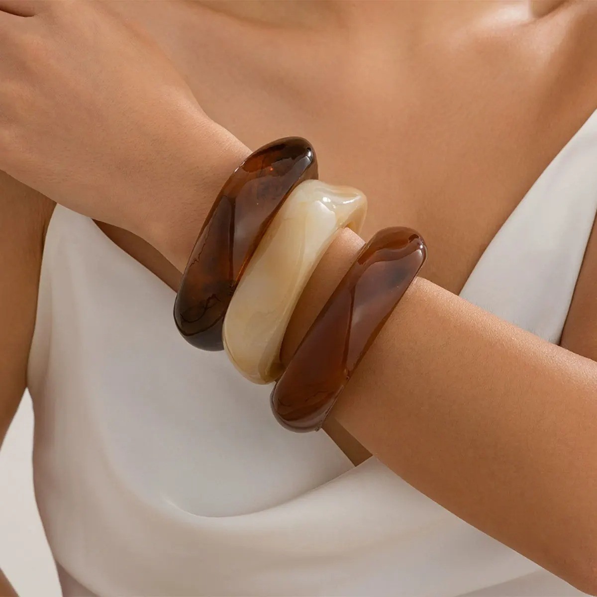 Vintage Punk Brown Coffee Thick Resin Acrylic Bangles Geometric Irregular Design