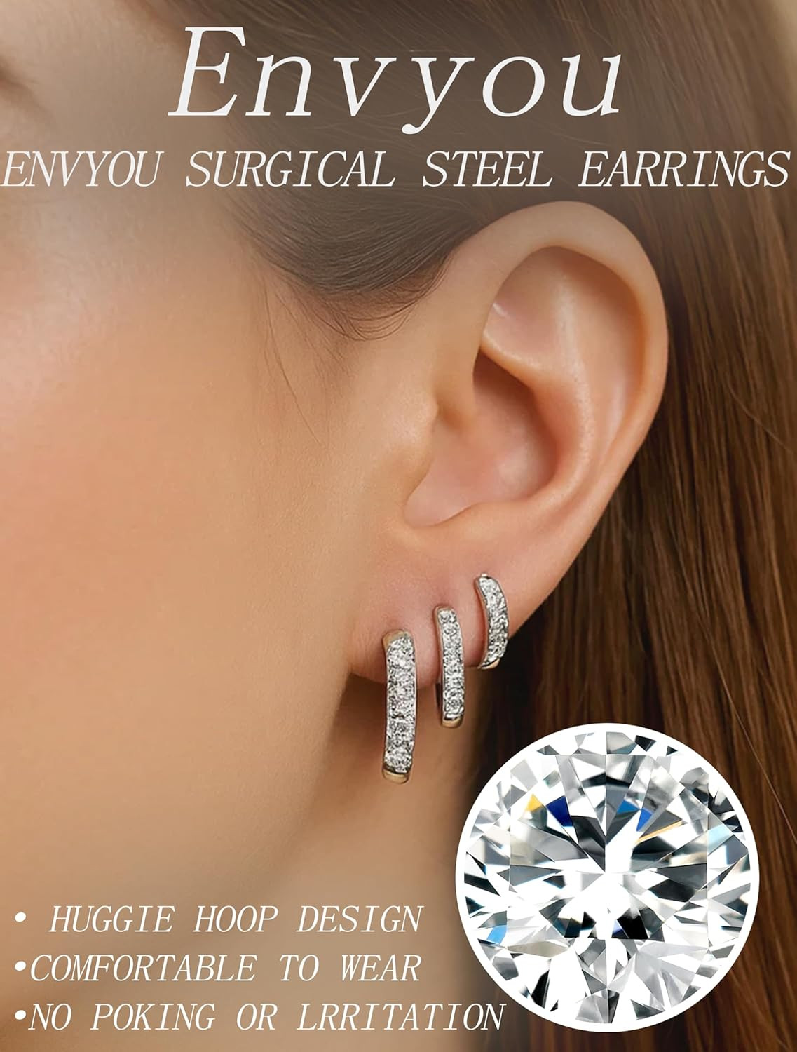 316L Surgical Steel Huggie Hoop Earrings,Dainty Pave Cubic Zirconia Cartilage Ti