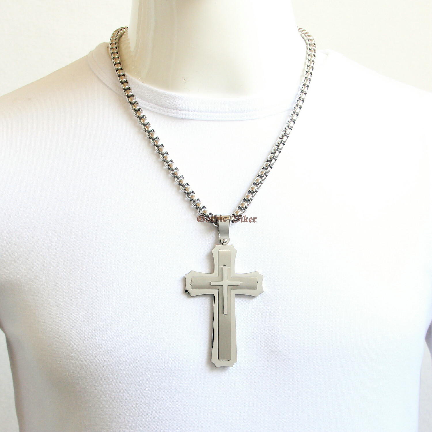 Men’s HUGE Large Heavy Solid 316L Stainless Steel Cross Pendant Necklace 3 Layer