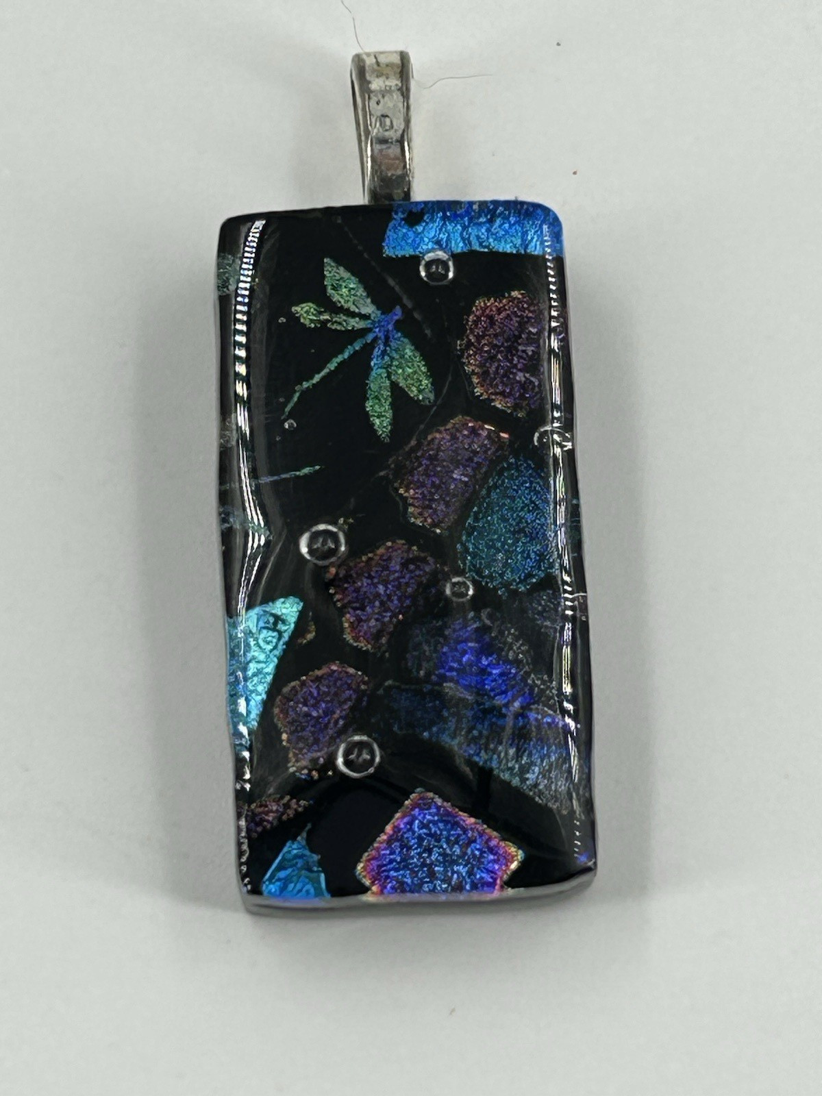 Art Glass Pendant Dragon Fly Purple Blue Glitter Rectangle 1.5 Inch No Chain