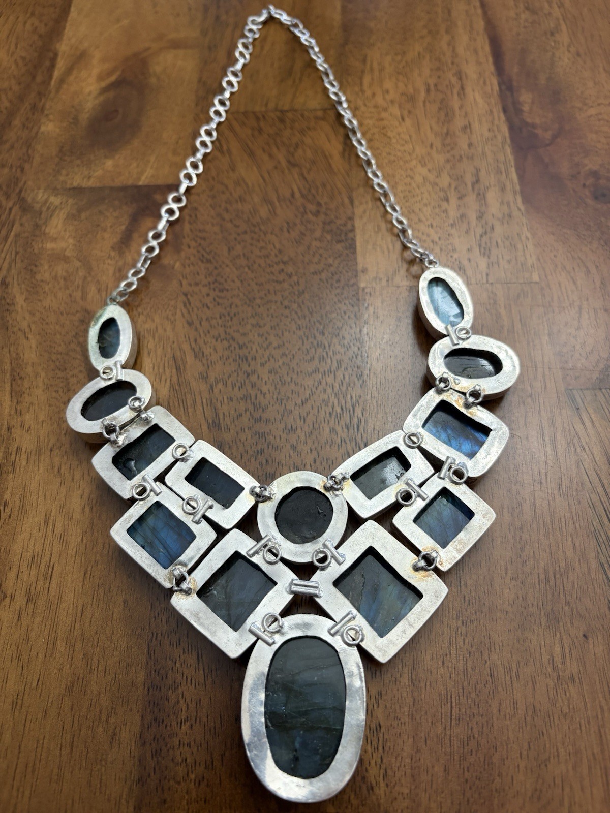 Labradorite Cabochon Statement Bib Necklace Silver Tone Cable Chain Toggle