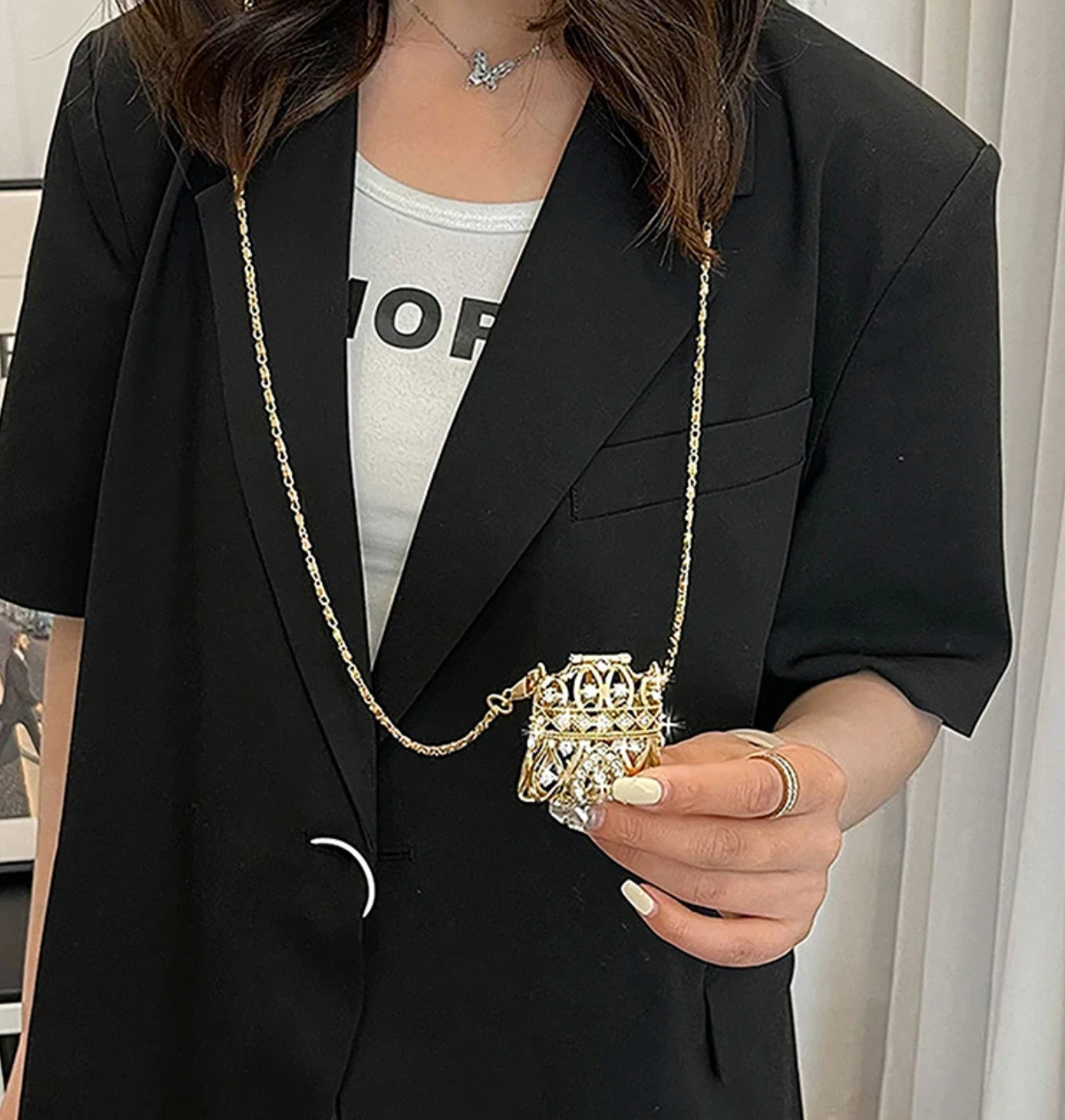 Mini Crystal Purse Pendant Necklace Gold Tone Long Chain Crossbody Handbag Charm