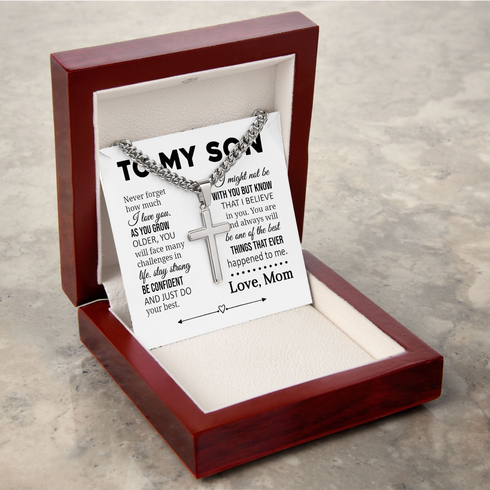 To My Son Love Mom Cross Necklace Cuban Chain Faith Jewelry Confident I Love You