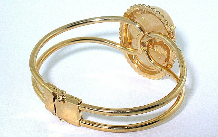 30×22 Golden Jade Cabochon Gem Spring Load 7 1/2 Inch Goldplated Cuff Bracelet