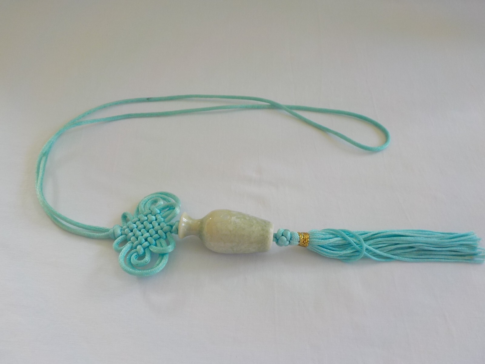 Vase Shape Asian Necklace Cord Woven Tassel Aqua Blue Light Green