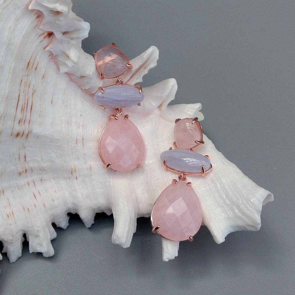Rose Quartz Blue Chalcedony Dangle Stud Earrings Gemstone  women Fashion Jewelry