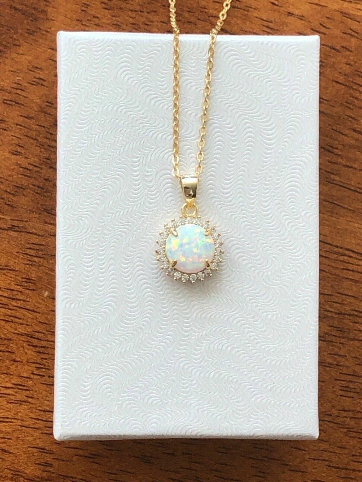 925 Sterling Silver White Opal Halo Pendant Necklace Cz 10mm 16-18″ Simulated