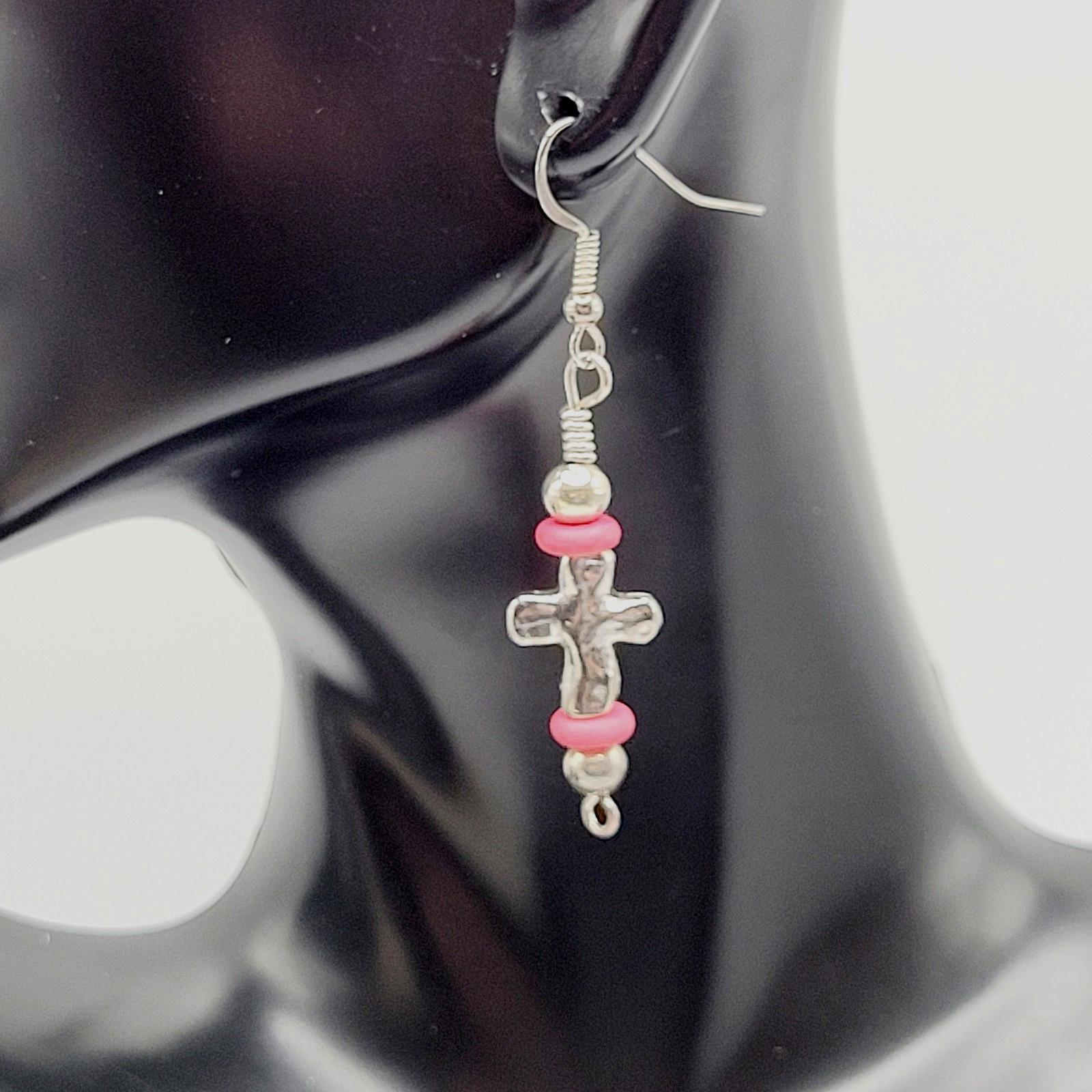 Southwestern Silver Tone Cross w Pink Ceramic Bead Metal Hook Pierced Earrings