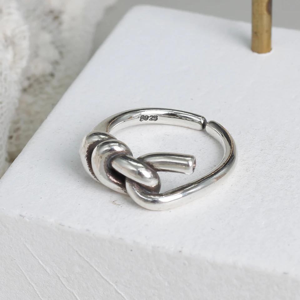 925 Sterling Silver Knot Ring Women Adjustable Smooth Geometric Fine Jewelry