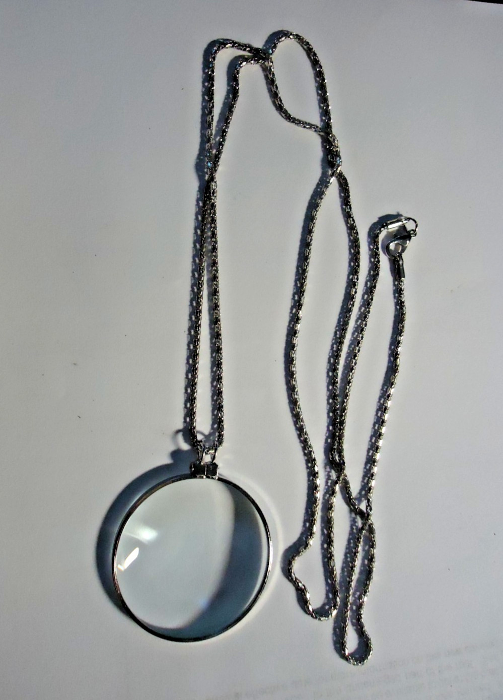 5X Magnifier Reading Magnifying Glass Lens Pendant Necklace 36” silver plated.#