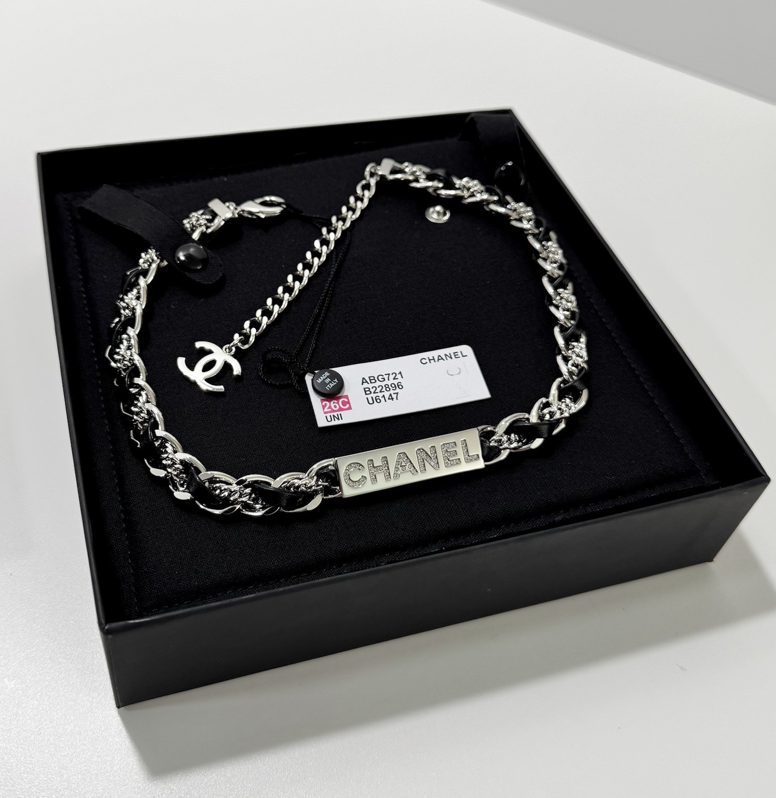 Chanel Necklace Black Leather Chain Crystal CC Choker 26C Authentic W/Box NWT