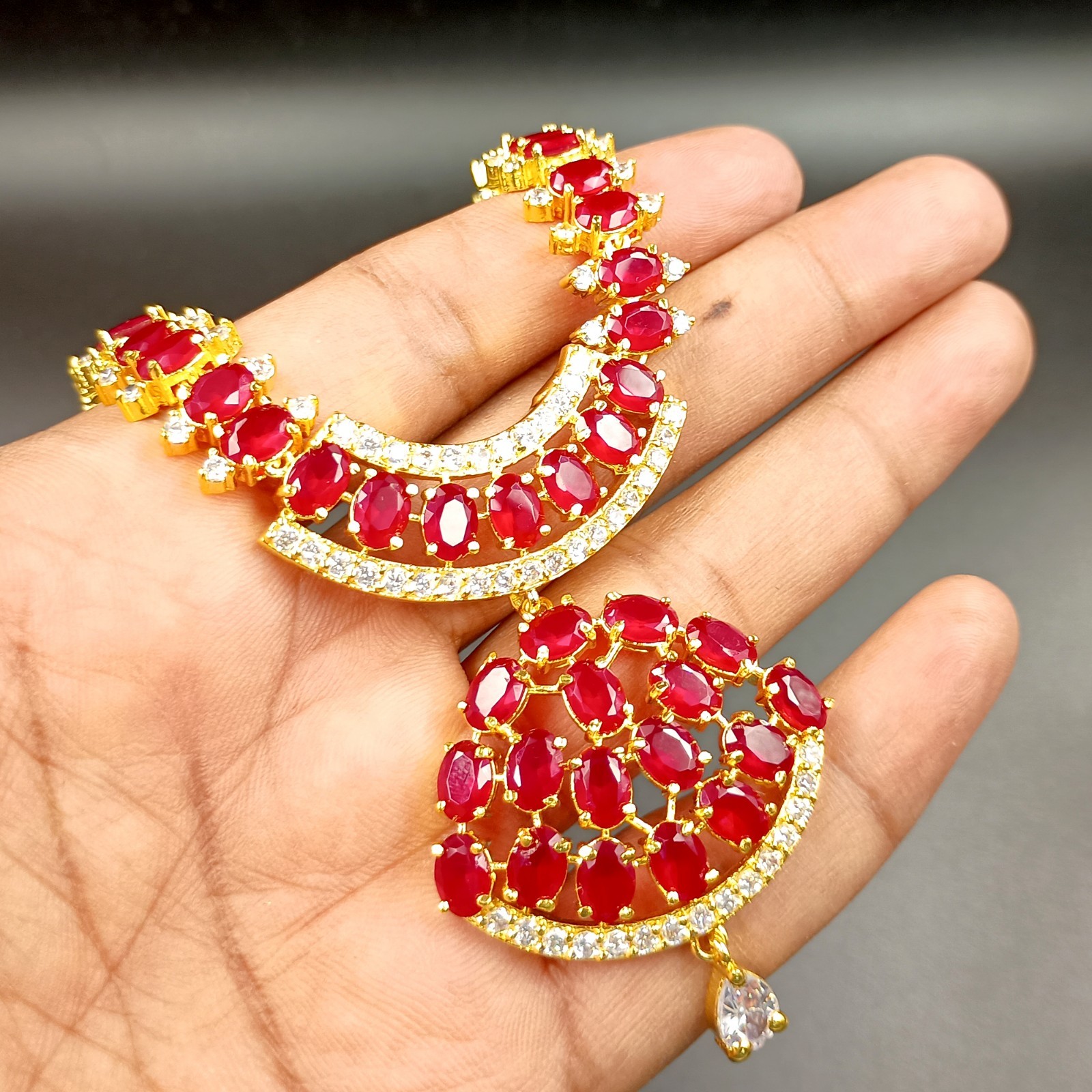 Bollywood 22K Gold Plated Ruby Necklace Set Traditional Wedding Wear Oval Stone