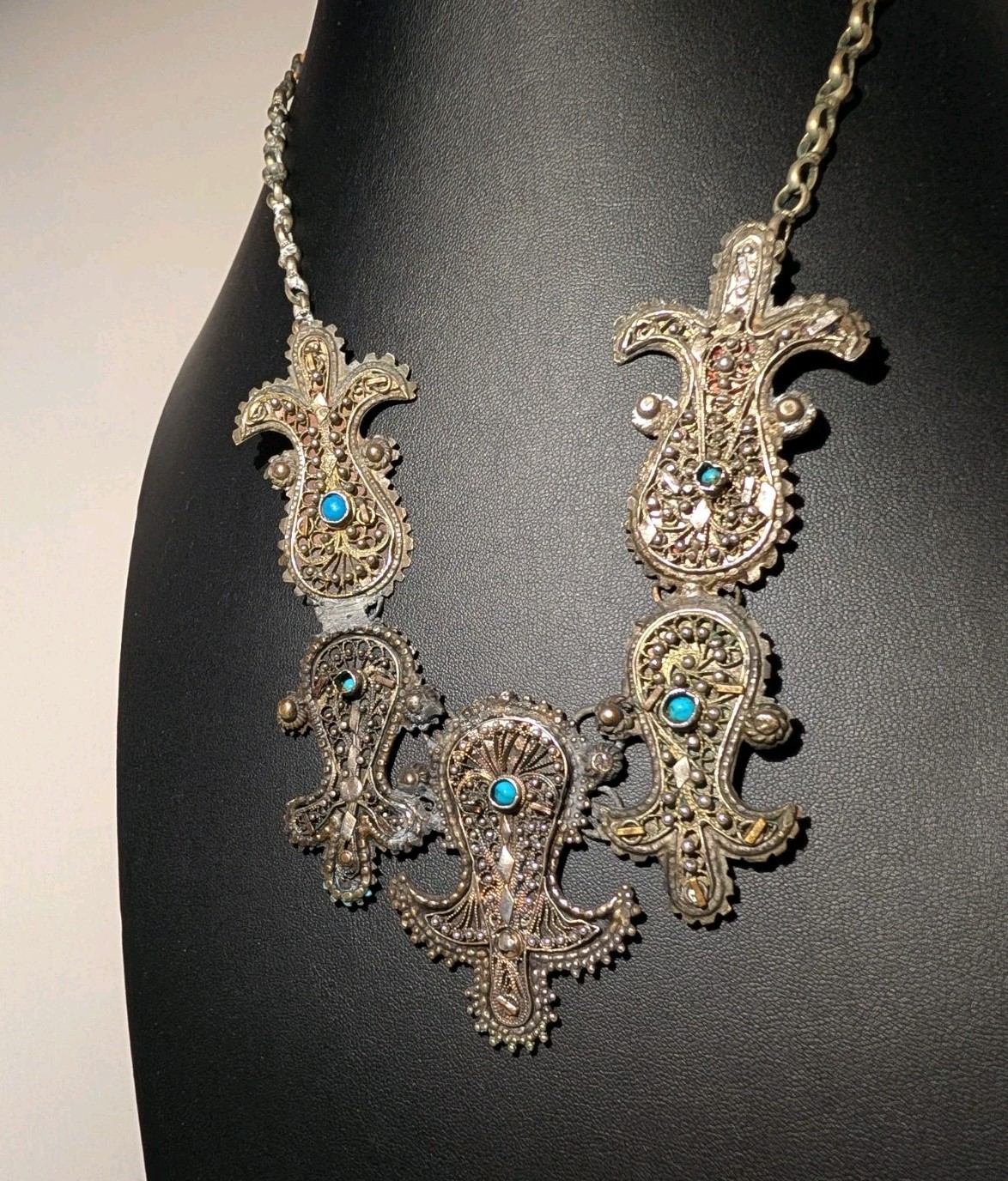 Vintage Middle Eastern Style Filigree Bib Necklace Blue Glass Cabochons