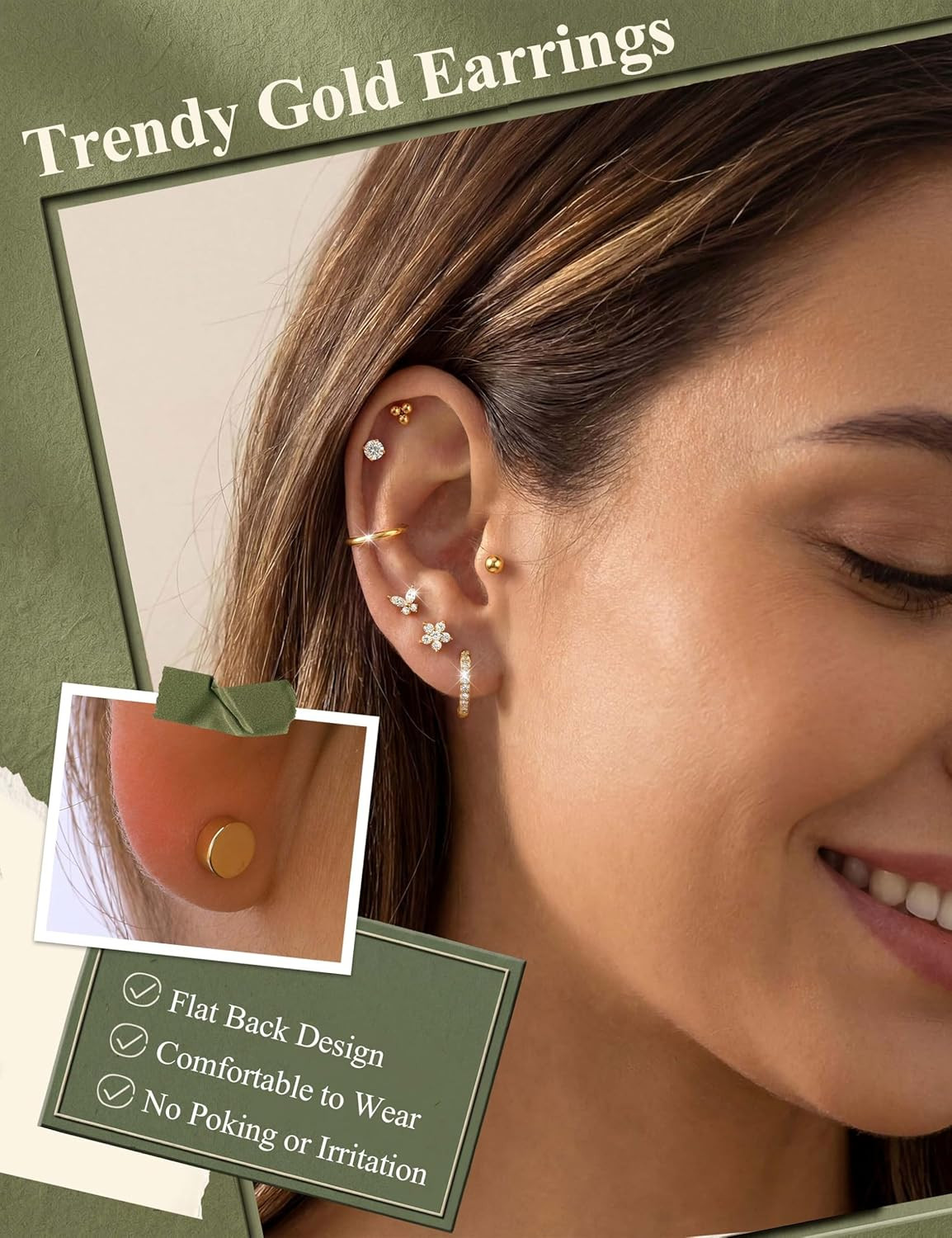 Hypoallergenic Earrings for Sensitive Ears, Comfortable Flat Back Earrings for S