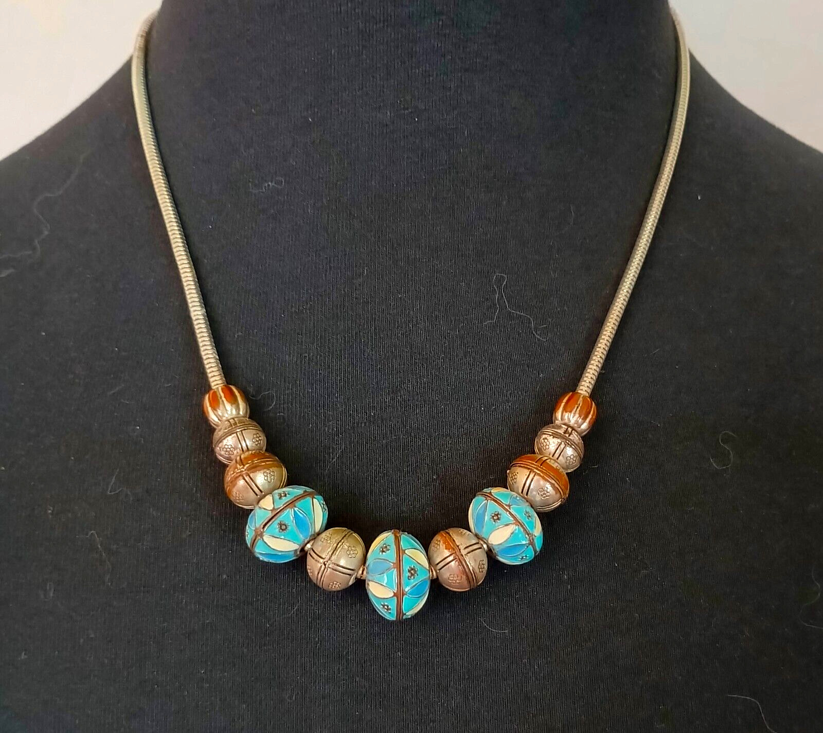 Vintage Fashion Necklace Pretty Enameled Metal Beads on a Silver Tone Chain