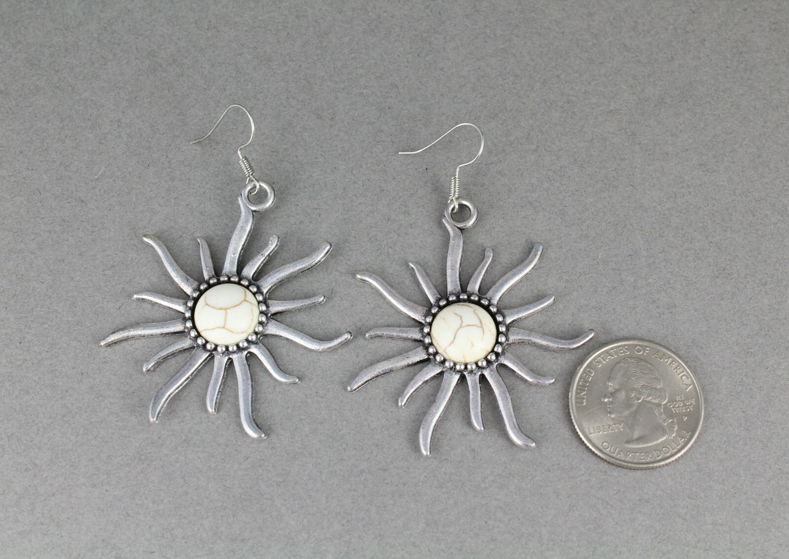 silver sun earrings cream center bead dangle lightweight 2.5″ long long rays