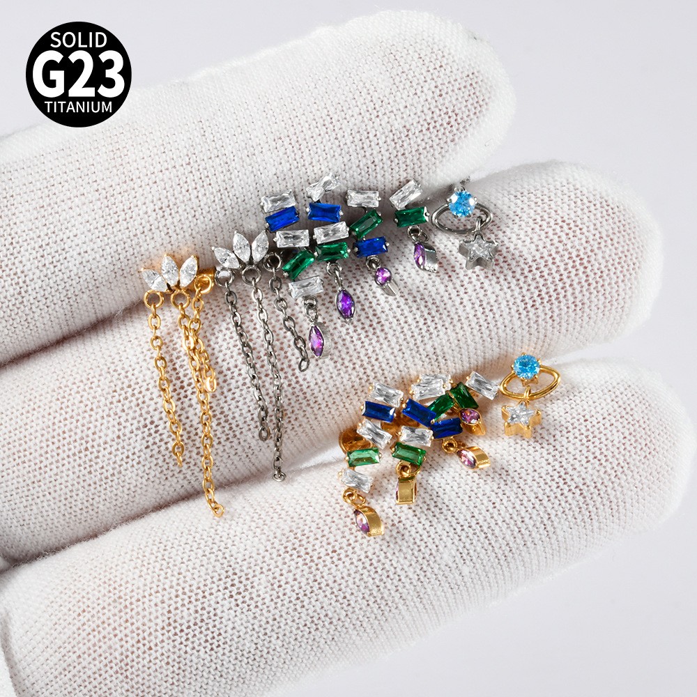 G23 Titanium Cartilage Stud Earring 16G Star/Chain Drop Labret Stud Ear Piercing