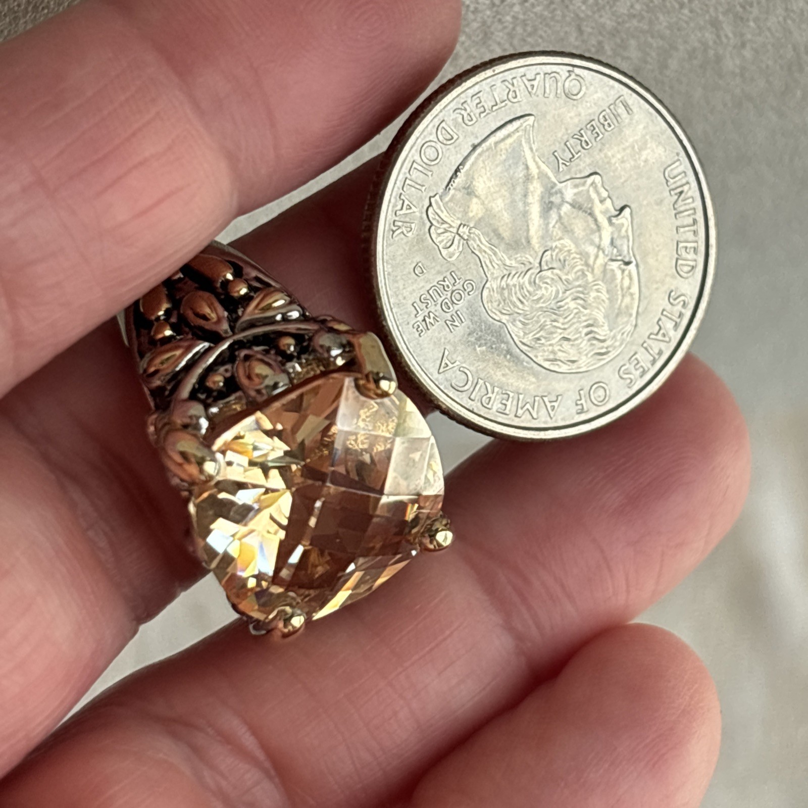 Inspirational Champagne Cushion Cut CZ Crystal Silver Gold Balinese Ring Size 7