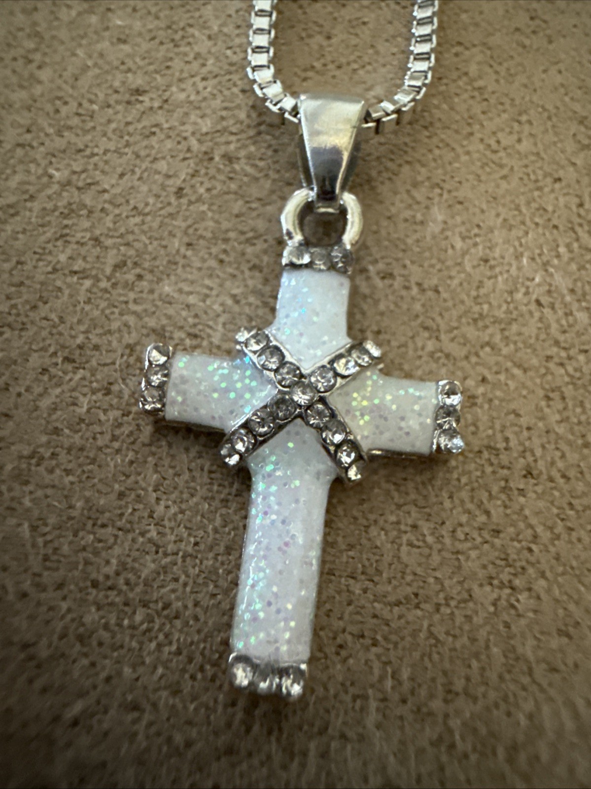 Silvery White Synthetic Opal Mosaic Cross Pendant Necklace