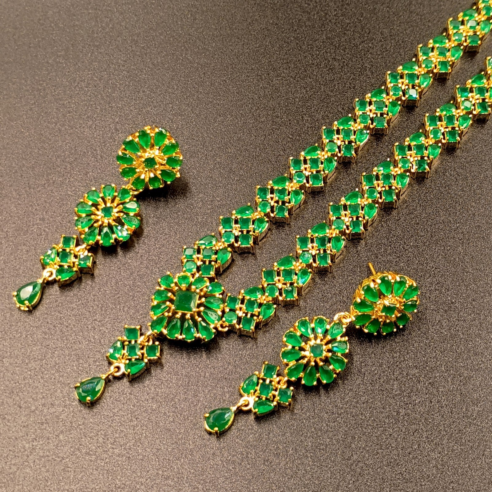 Vintage Emerald Necklace Set 22K Gold Plated Bridal Wedding Anniversary Jewelry