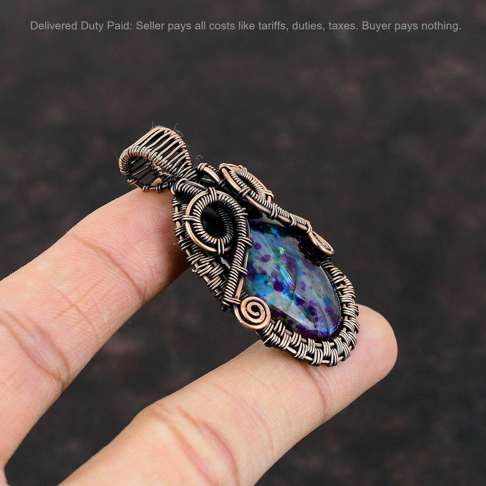 Oval Natural Mystic Fire Labradorite Copper Wire Wrapped Wedding Pendant Jewelry