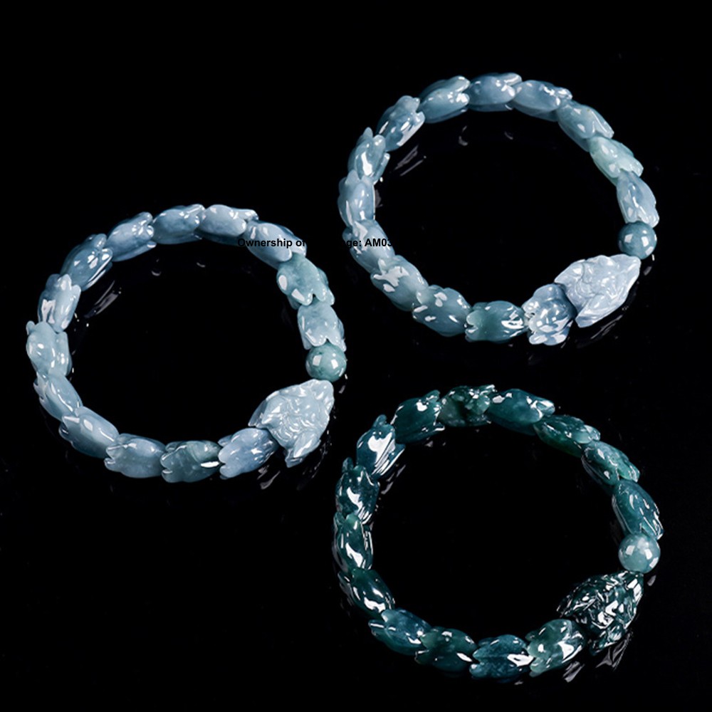 Natural Grade A Jadeite ICY Blue Jade Dragon Shape Bead Elastic Bracelet UNIQUE