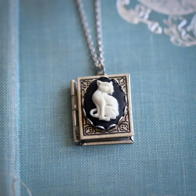 Cat Book Locket Necklace Jewelry Gothic Silvery Kitten Animal Pendant