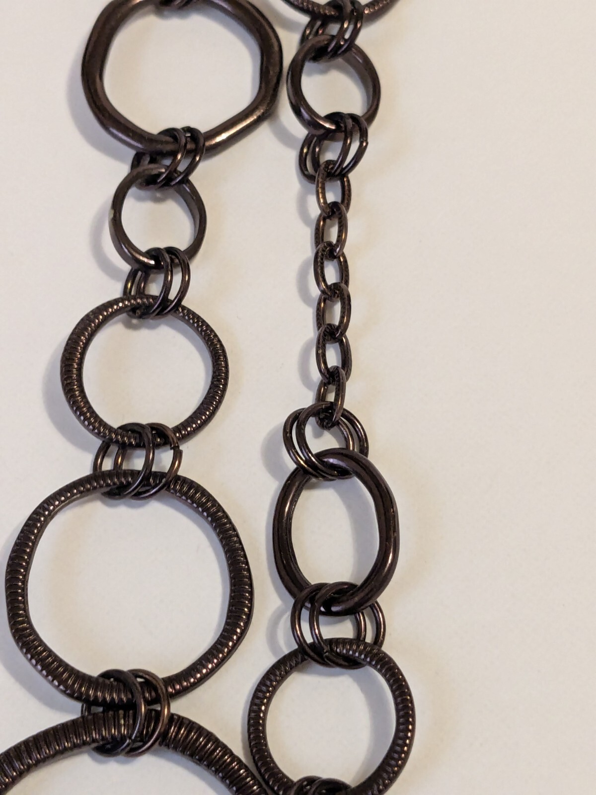 Lia Sophia Bronze Tone Textured Various Size Round Links Necklace. 30″. BOHO.