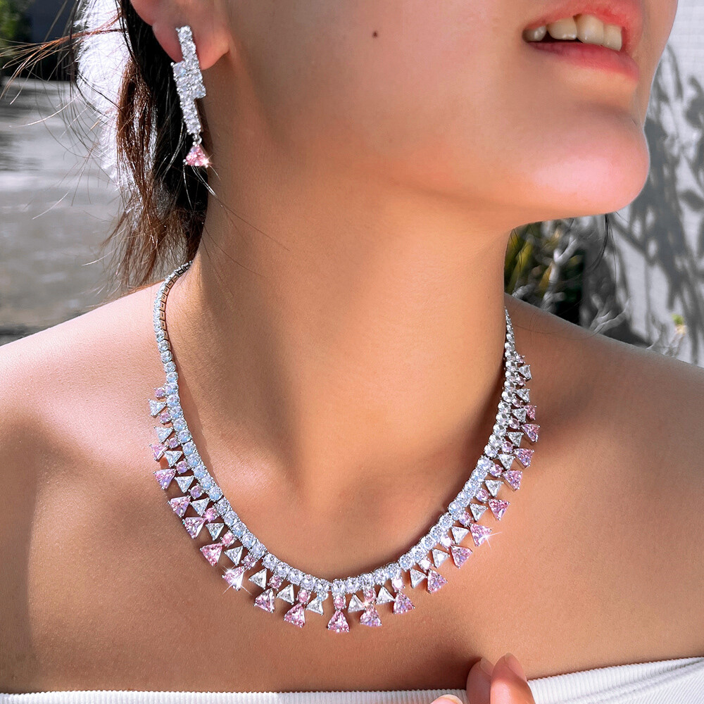 Chic Silver Plated CZ Pink Triangles Square Tennis Necklace Earrings Jewelry Set