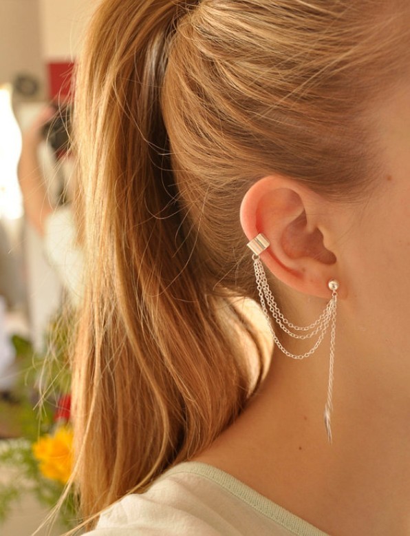 Women Punk Rock Leaf Chain Tassel Dangle Ear Stud Cuff Wrap Earring Eardrop P29