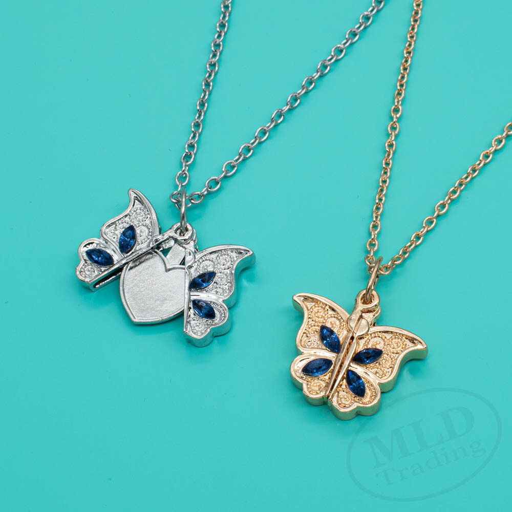 Metal Butterfly Openable Locket Photo Heart Pendant Necklace Silver Gold Color