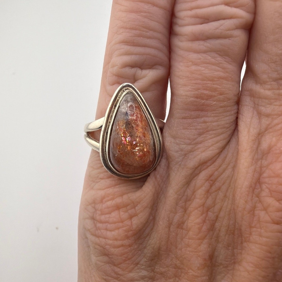Bohemian Handcrafted Sterling Silver Pear-Shaped Sunstone Ring Size 7