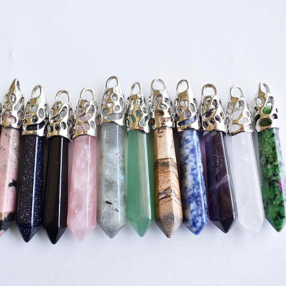 10pcs Mixed Stone Natural Gemstones Long Hexagonal Pointed Reiki Chakra Pendant