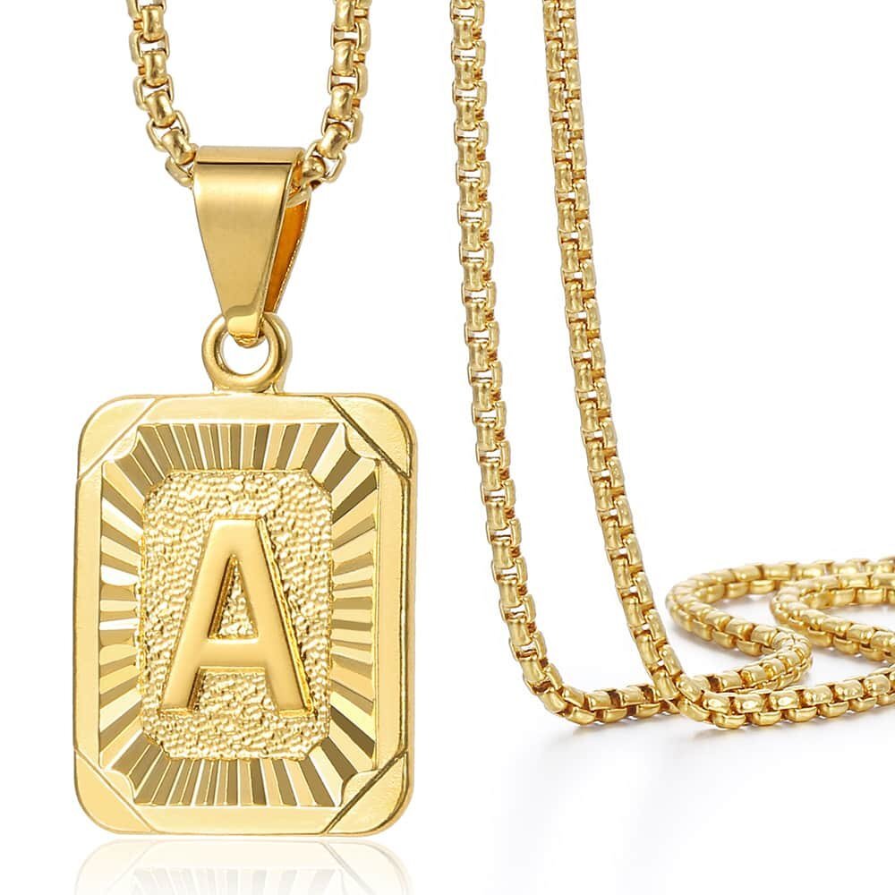 Mens Gold Plated Stainless Steel Cuban Chain Initial Letter Pendant Necklace Set