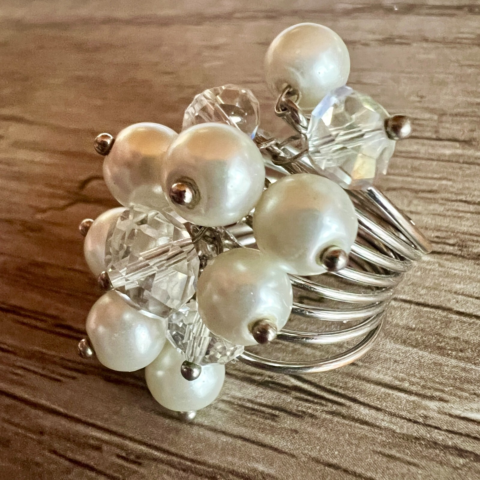 Vintage Faux Pearl & Crystal Cluster Statement Ring Adjustable Multi-Band Unique