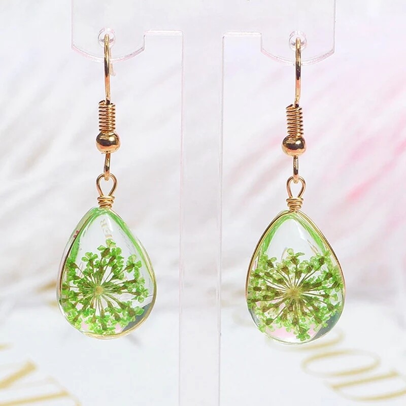 REAL Flower Earrings Dried Pressed resin glossy rose daisy gold Cottagecore cute