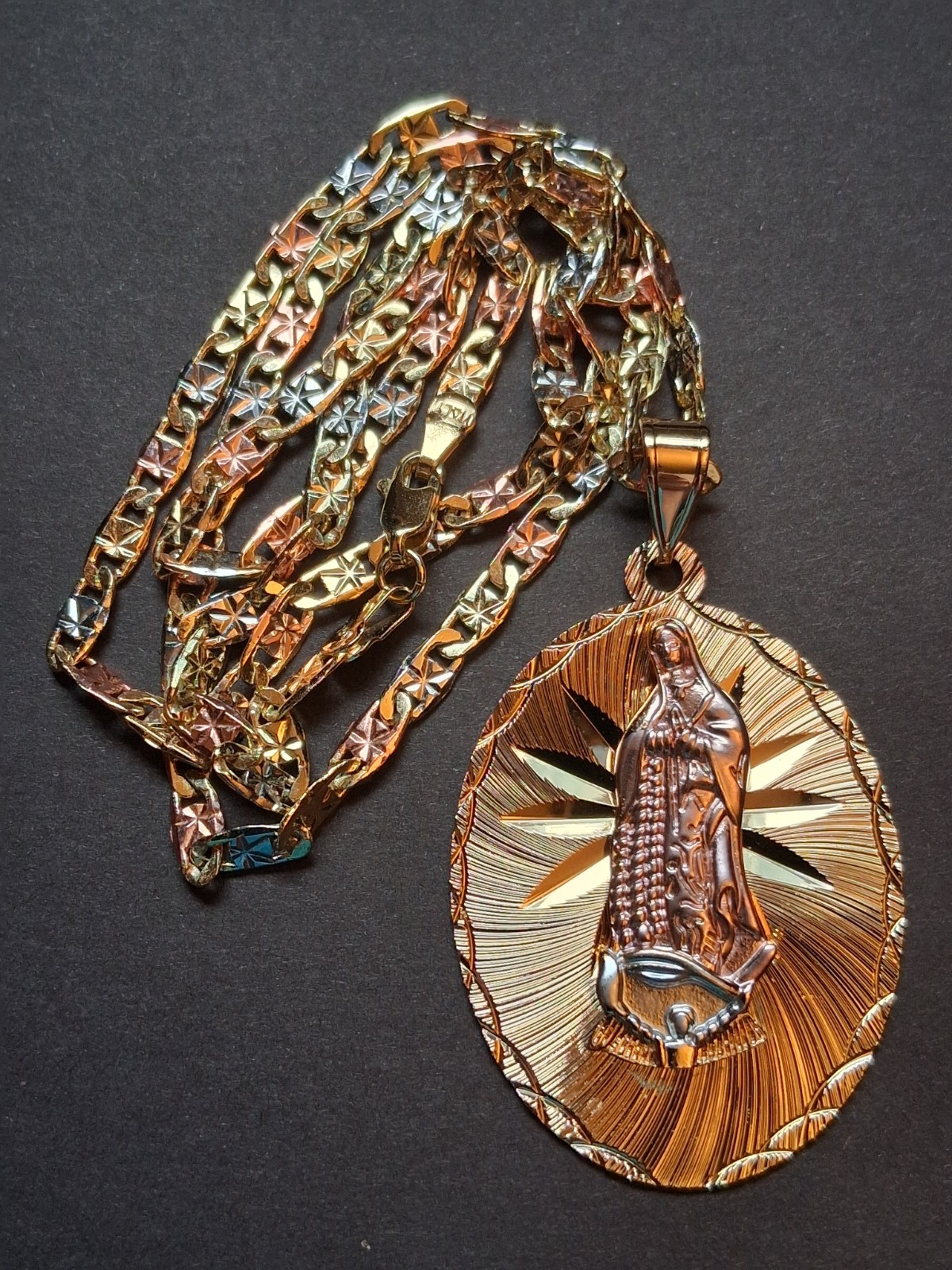 Virgin of Guadalupe Pendant, 24″ Valentino Link Chain, Gold-Plated & Tri-Tone