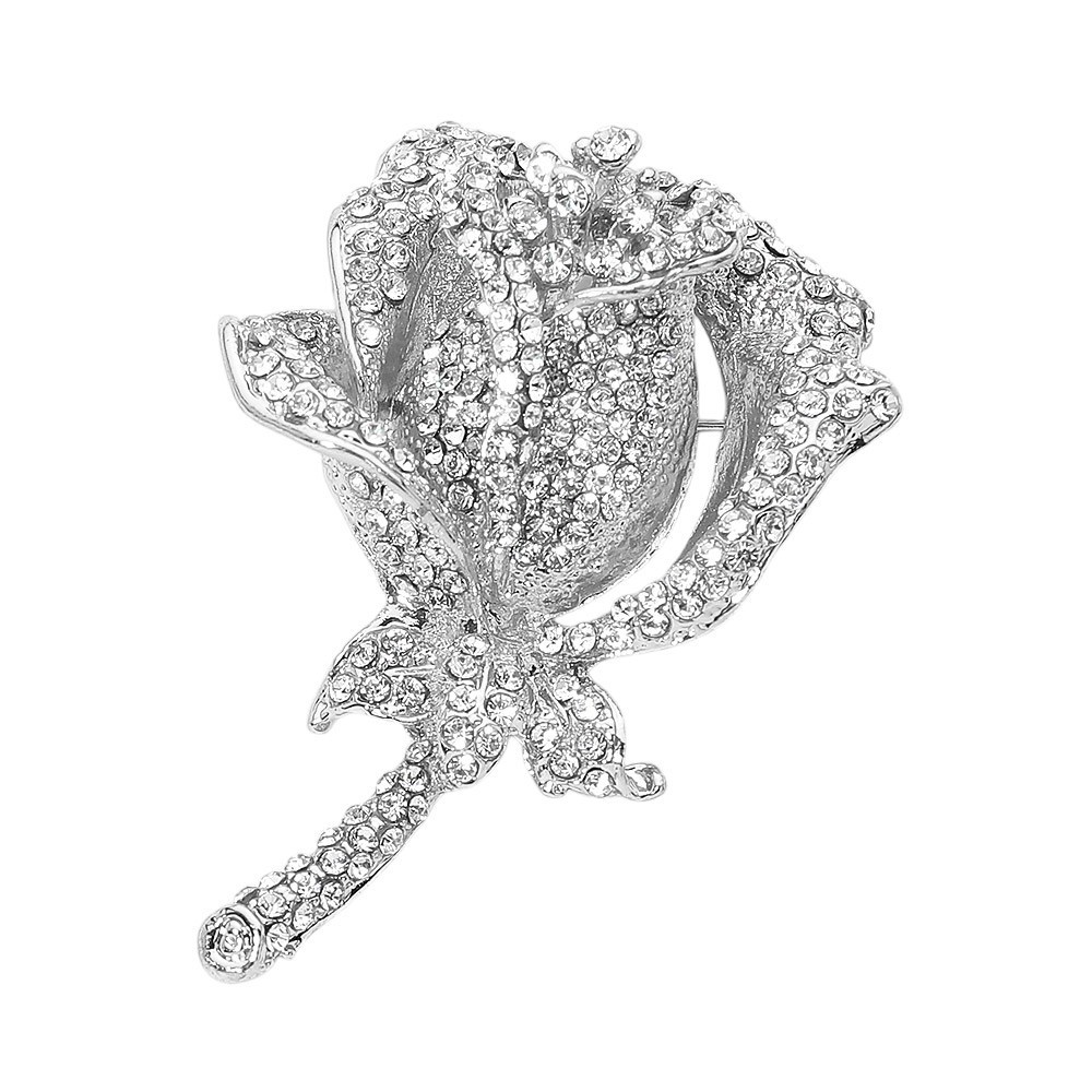 2PCS Gold Silver Rhinestone Rose Flower Brooch Pin Crystal Floral Lapel Badge