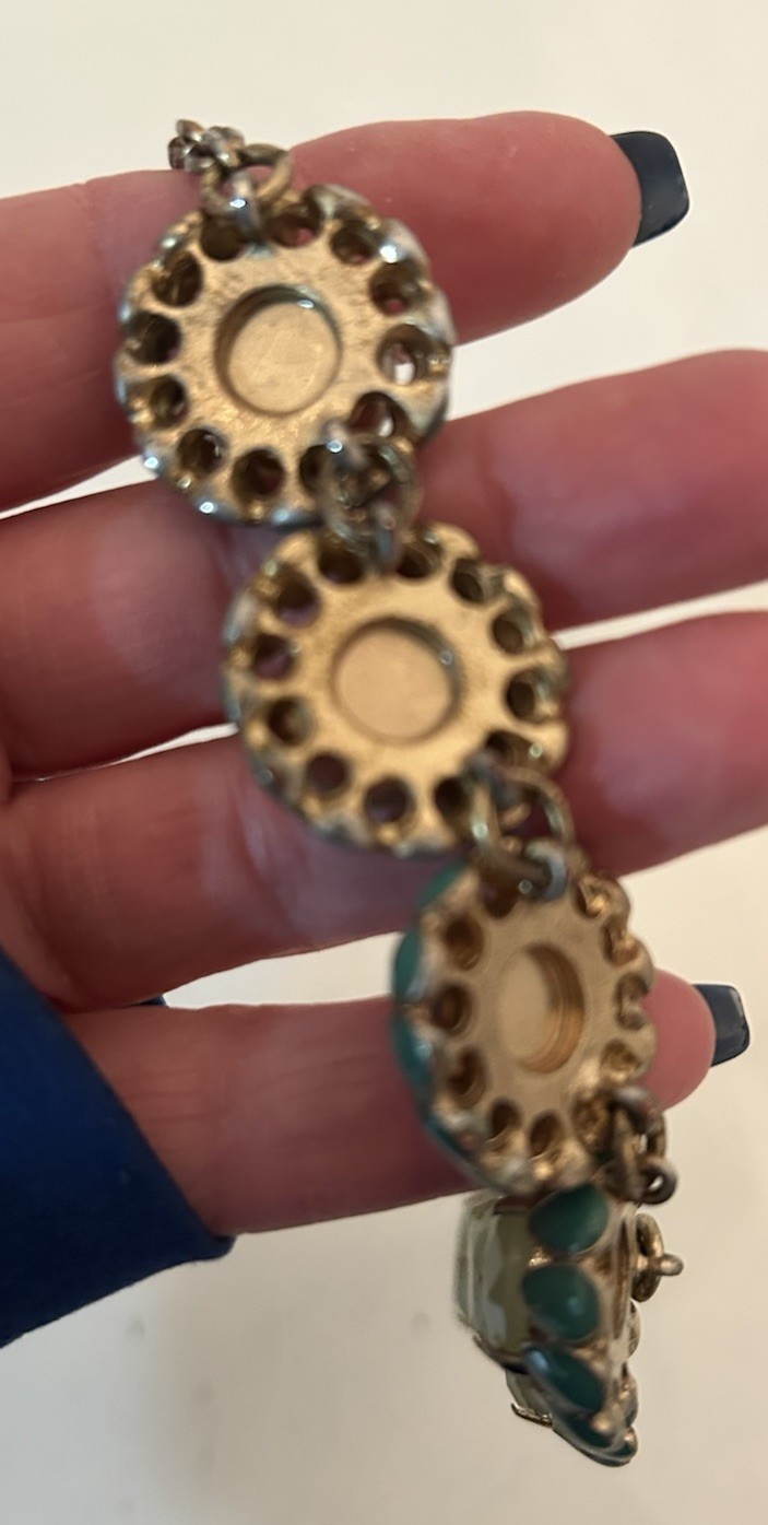 J Crew Scalloped Cupcake Necklace Green Stones & Enamel Gold Toned Metal